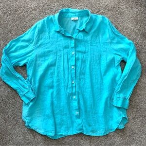 J. Jill Love 100% Linen Essential Long Sleeve Button Down Teal Blue Aqua Top XL